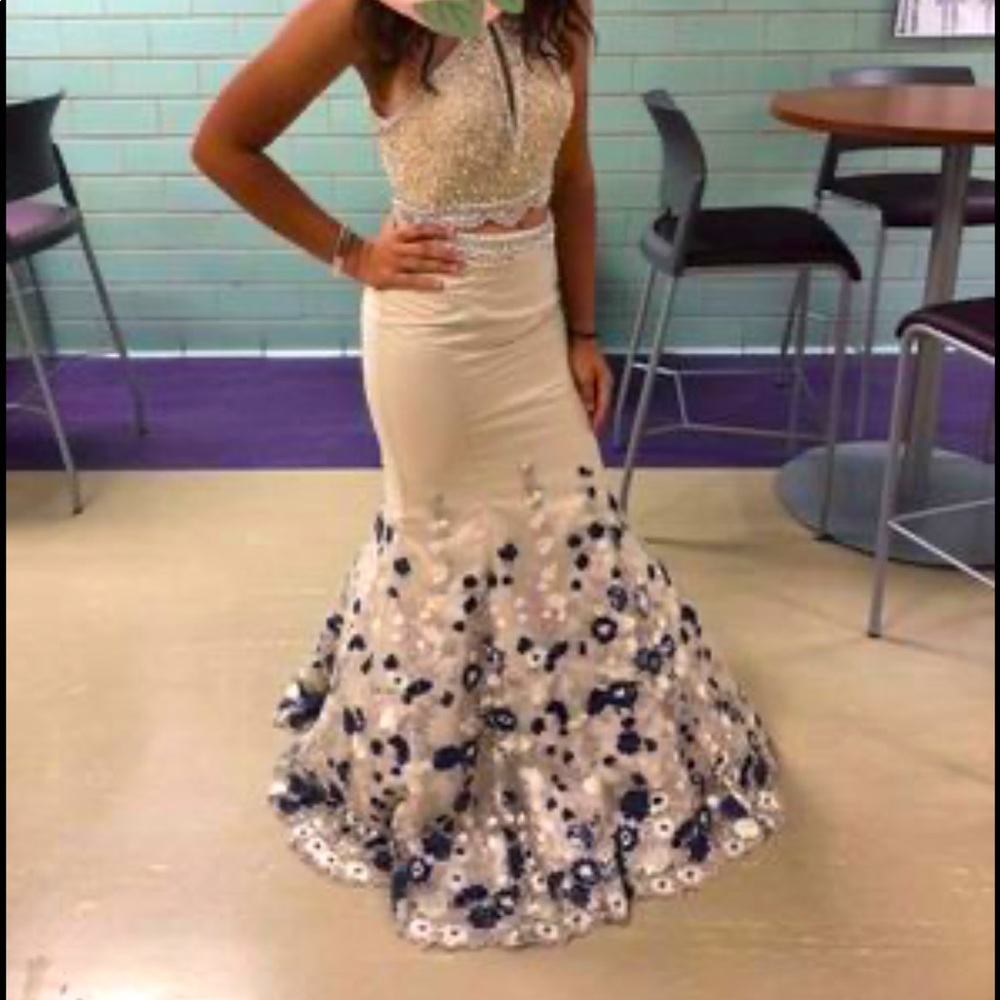 Tiered Blush Floral Print Strapless Mermaid Prom Dress